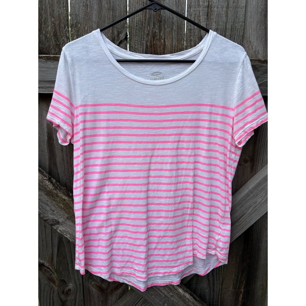 Old Navy Relaxed‎ Fit Striped T-Shirt Womens Medium White Neon Pink Short Sleeve